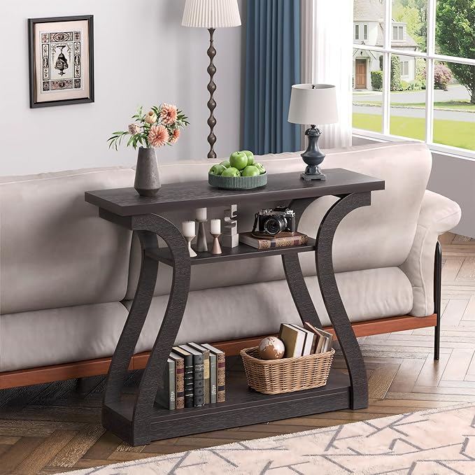 Wooden Console Table with Curved Legs and Shelf, 3-Tier Modern Accent Sofa Table for Entrance Area, Living Room, Hallway, 47 in Wide (Brown)