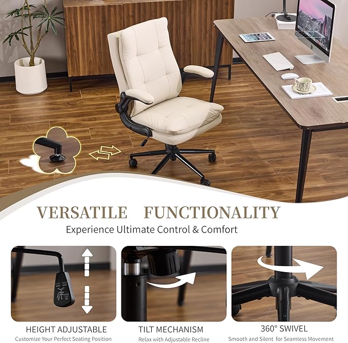 VINGLI Comfy Beige Leather Office Desk Chair, High-Back Support Ergonomic Computer Task Gaming Chair,with Removable wheels,360° Swivel,Adjustable Height,Flip-Up Arms,for Adults,Teen,Vanity,Home Office