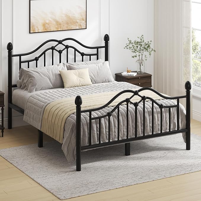 Queen Size Bed Frame, Metal Platform Bed with Victorian Headboard and Footboard, Strong Metal Slats Support, Mattress Foundation No Box Spring Needed, Easy Assembly, Noise Free, Black