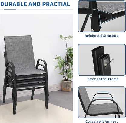 PIZZELLO Patio Chairs Set of 4 - Outdoor Stackable Dining Chairs for All Weather - Breathable Textilene Outdoor Chair Sets with Curved Armrests - 300Lbs Capacity - for Lawn Backyard Garden (Grey)