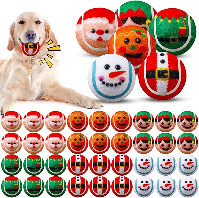 Civaner 36 Pcs Christmas Squeaky Tennis Balls for Dogs 2.5 Inch Bulk Dog Toys Ball for Small Medium Large Dogs Puppy Chew Teething Toy Interactive Training Xmas Gifts Stocking Stuffers (Santa)