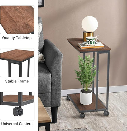 C-Shaped End Table for Couch, Slide Under Sofa Snack Table, Small TV Tray, C Table with Wheels, Laptop Desk for Living Room, Bedroom, Small Spaces,Brown