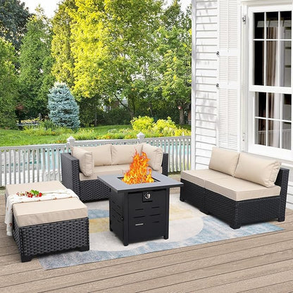 Lviden 7 Pieces Outdoor PE Wicker Furniture Set Patio Rattan Sectional Conversation Sofa Set with Khaki Cushions and Fire Pit Table