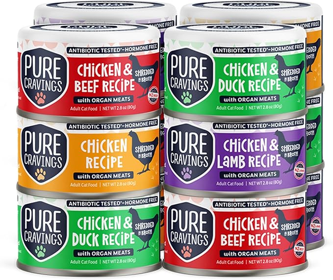 Pure Cravings Chicken Recipe in Broth, Shredded Wet Cat Food, Variety Flavor Pack: Chicken, Lamb, Duck, Beef; Grain-Free Protein, Non-GMO