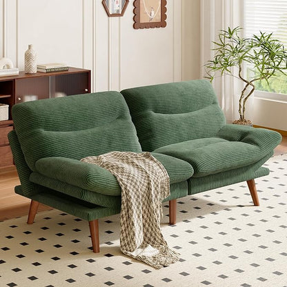 Amada 75" Convertible Futon Sofa Bed, Corduroy Folding Futon Set with Adjustable Backrest &Armrests, Recliner Lounge for Living Room, Apartment or Office, Solid Wood Frame, Loveseat Sofa -Forest Green