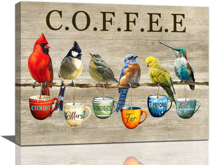 Rustic Bird Coffee Wall Art Kitchen Christ Coffee Pictures Wall Decor Farmhouse Cardinal Hummingbird Canvas Print Painting Artwork for Coffee Bar Living Room Bedroom 12"x16"