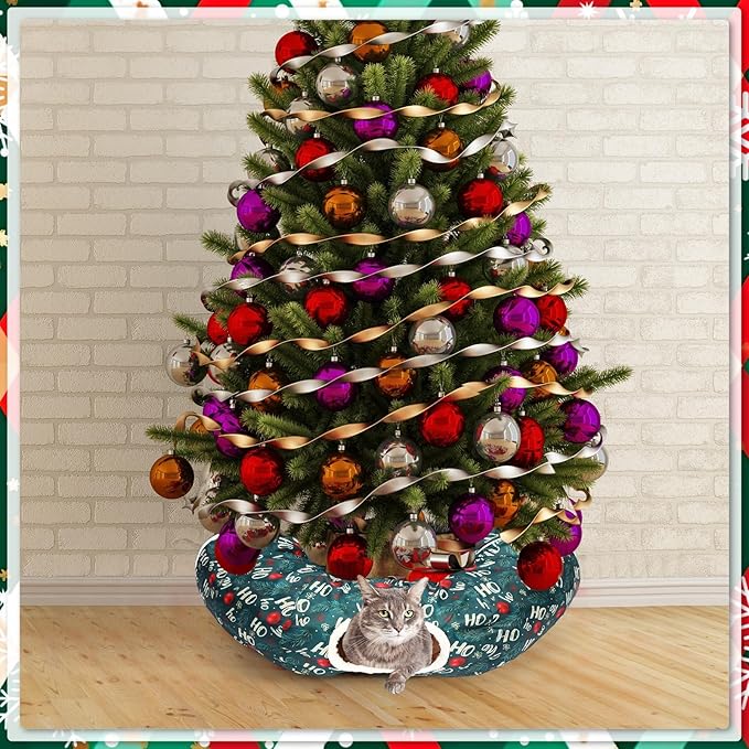 Christmas Cat Tunnel Bed for Indoor Cats Under Christmas Tree Skirt Tube with Hanging Ball Plush Cat Cave, Washable Holiday Pet Gift Toy & Gift for Kittens(Pine Branch)