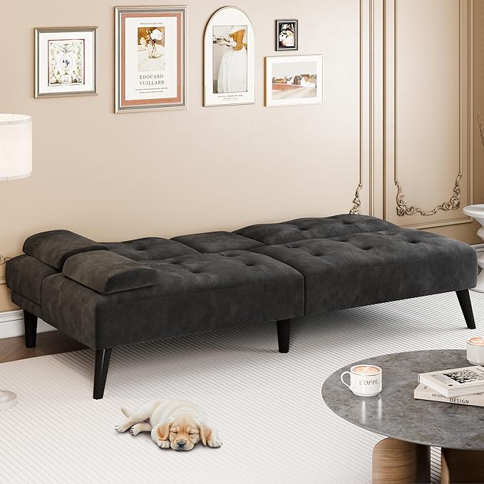 Meilocar Convertible Futon Sofa Bed Couch, Small Sofa Couch Recliner, 64" Adjustable Sleeper Sofa Bed for Living Room, Removable Armrest, 2 Cup Holders, Black