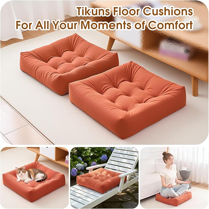 Tikuns Floor Pillows for Adults, 22x22x6 Inch Meditation Cushions, Large Square Sitting Cushion Living Room Memory Foam Pillow for Sitting(1, Orange, 22x22x6 Inch)