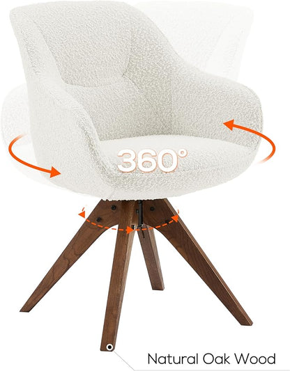 Art Leon Dining Chair, Mid Century Modern Boucle Fabric Upholstered Swivel Dining Room Chair with Oak Wood Legs, Leisure Side Chair with Arms for Living Room, White