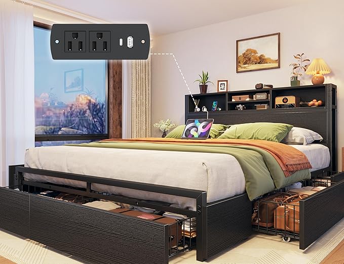 EnHomee Queen Bed Frame with 6 Storage Drawers Queen Size Bed Frame with Headboard, Storage Bed with Charging Station, No Noise,No Box Springs Needed,Black