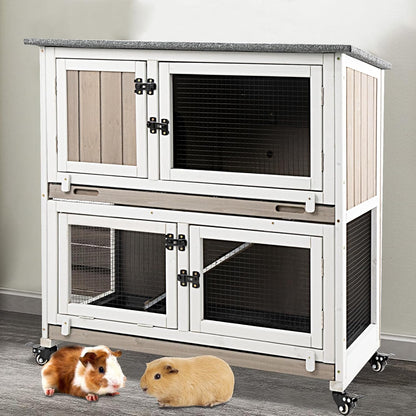 36" L Guinea Pig Cages Wooden, 2 Story Rabbit Cage Indoor Guinea Pig Habitat on 4 Metal Wheels and 2 Deeper Pull-Out Trays, Ramp, Leak Proof Guinea Pig Cages Indoor Small Animal Cage, Grey