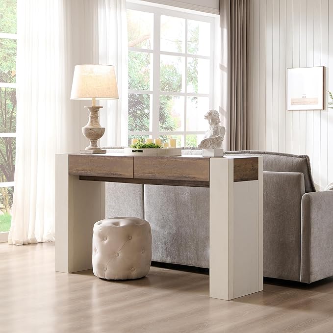 OKD Modern Entryway Console Table, Sofa Table with Drawers, 63" Long Hall Table Behind Couch, Thick Wood Design for Living Room, Hallway - Antique White