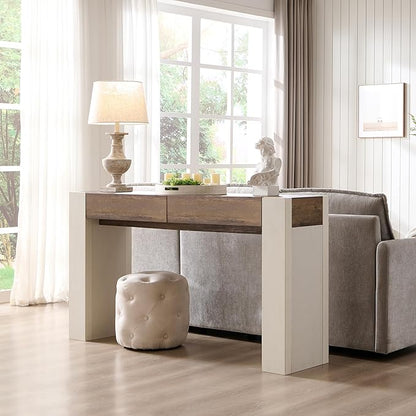 OKD Modern Entryway Console Table, Sofa Table with Drawers, 63" Long Hall Table Behind Couch, Thick Wood Design for Living Room, Hallway - Antique White