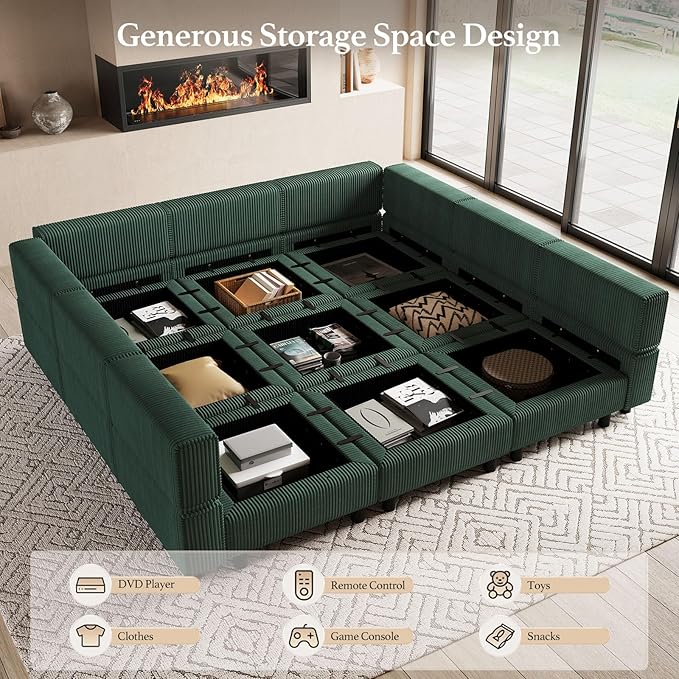 88.6" 9 Seat Modular Sectional Sofa with Deep Storage Seat,Corduroy Comfy Sectional Couch Convertible Modular Sleeper Sofa Couch with Movable Ottoman,Upholstered Couches for Living Room,Green