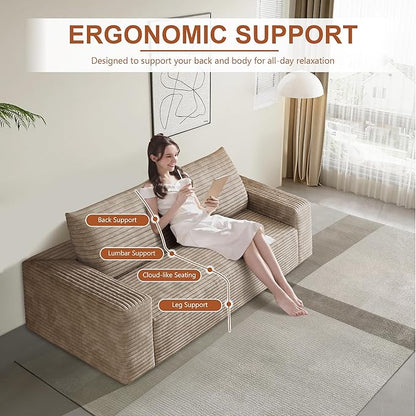 63" Corduroy Loveseat Sofa, 2-Seater Cloud Couch, Boneless Couch in a Box, Comfy Deep Seat Sofa with Memory Foam, Pillows and Wide Armrests, Modern Small Couches for Small Spaces, No Assembly (Camel)