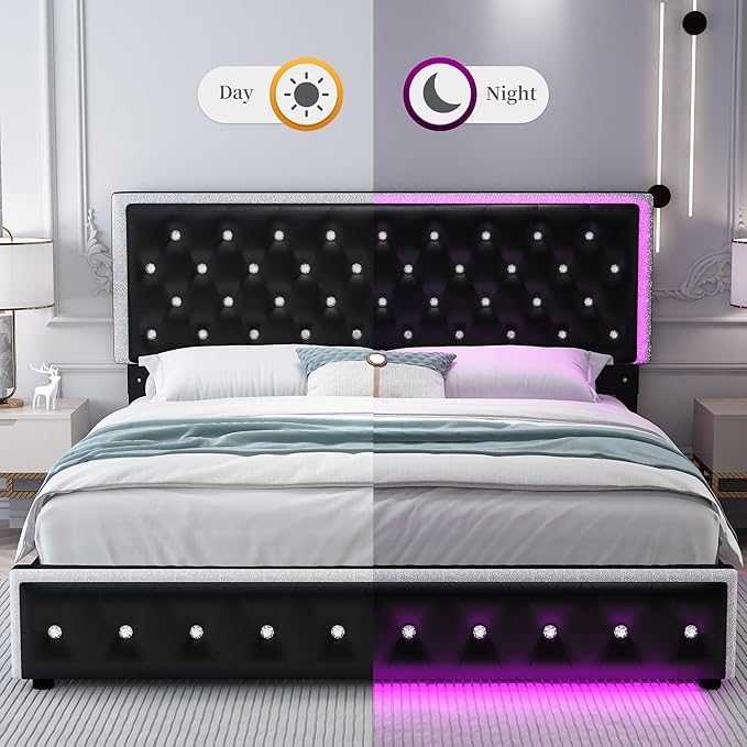 King Led Bed Frame with 2 Drawers, Modern Heavy Duty Upholstered Platform King Size Bed Frames with Crystal Button Tufted Headboard, Solid Slats, Noise Free, No Box Spring Needed, PU Black