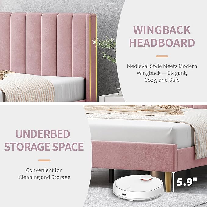 Full Size Upholstered Platform Bed Frame with Modern Wingback & Vertical Panel Headboard, Velvet Fabric, Wooden Legs & Slats Support, No Box Spring Needed, Noise-Free & Easy Assembly, Pink