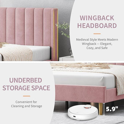 Full Size Upholstered Platform Bed Frame with Modern Wingback & Vertical Panel Headboard, Velvet Fabric, Wooden Legs & Slats Support, No Box Spring Needed, Noise-Free & Easy Assembly, Pink