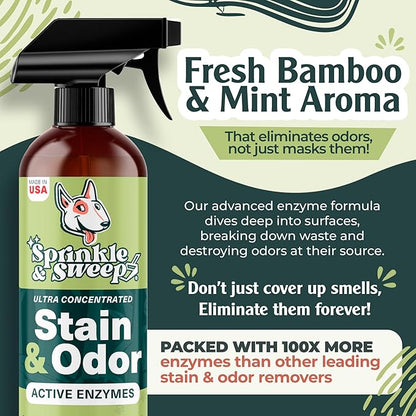 Sprinkle & Sweep Pet Accident Cleanup for all Hard Surface - Non Toxic Quick Pet Mess Cleaner & Odor Remover for Urine, Poop, Vomit, Diarrhea & Potty Training (1Bag + Sweepr Kit + 1 Spray)