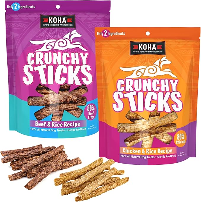 KOHA Pet Crunchy Sticks Dog Treats Variety 2-Pack - Chicken & Beef Crunchy Treats- Two Ingredient Treat for Dogs for Sensitive Stomachs, Healthy Reward for Dogs