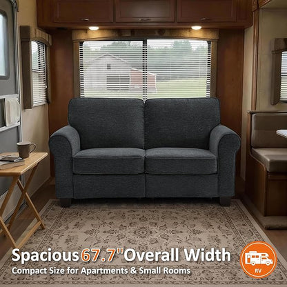 MCombo 67.7" Loveseat Sofa, 2-Seater Small Couch for Small Spaces, Classic Rolled Arm Upholstered Sofa with Solid Wood Legs for Living Room, Removable Cover, Chenille Fabric VE730 (Dark Grey)