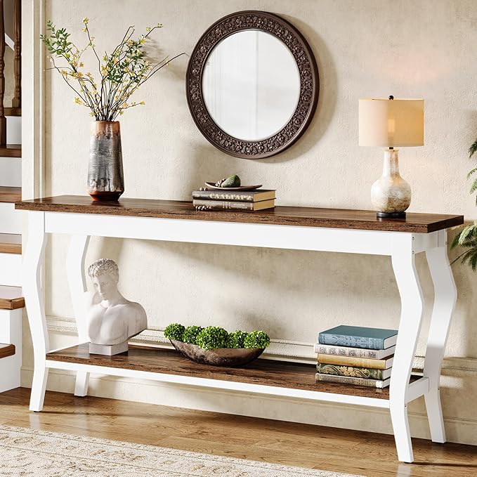 Tribesigns 70.9 Inches Extra Long Sofa Table Behind Couch, Vintage Console Entry Table with 2-Tier Storage for Hallway, Entryway, Living Room, White & Brown