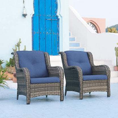 Rilyson Patio Chairs Outdoor Wicker Chair - Rattan Dining Chairs Porch Chairs Outside Club Chairs with High Back and Deep Seating(Mixed Grey/Blue)