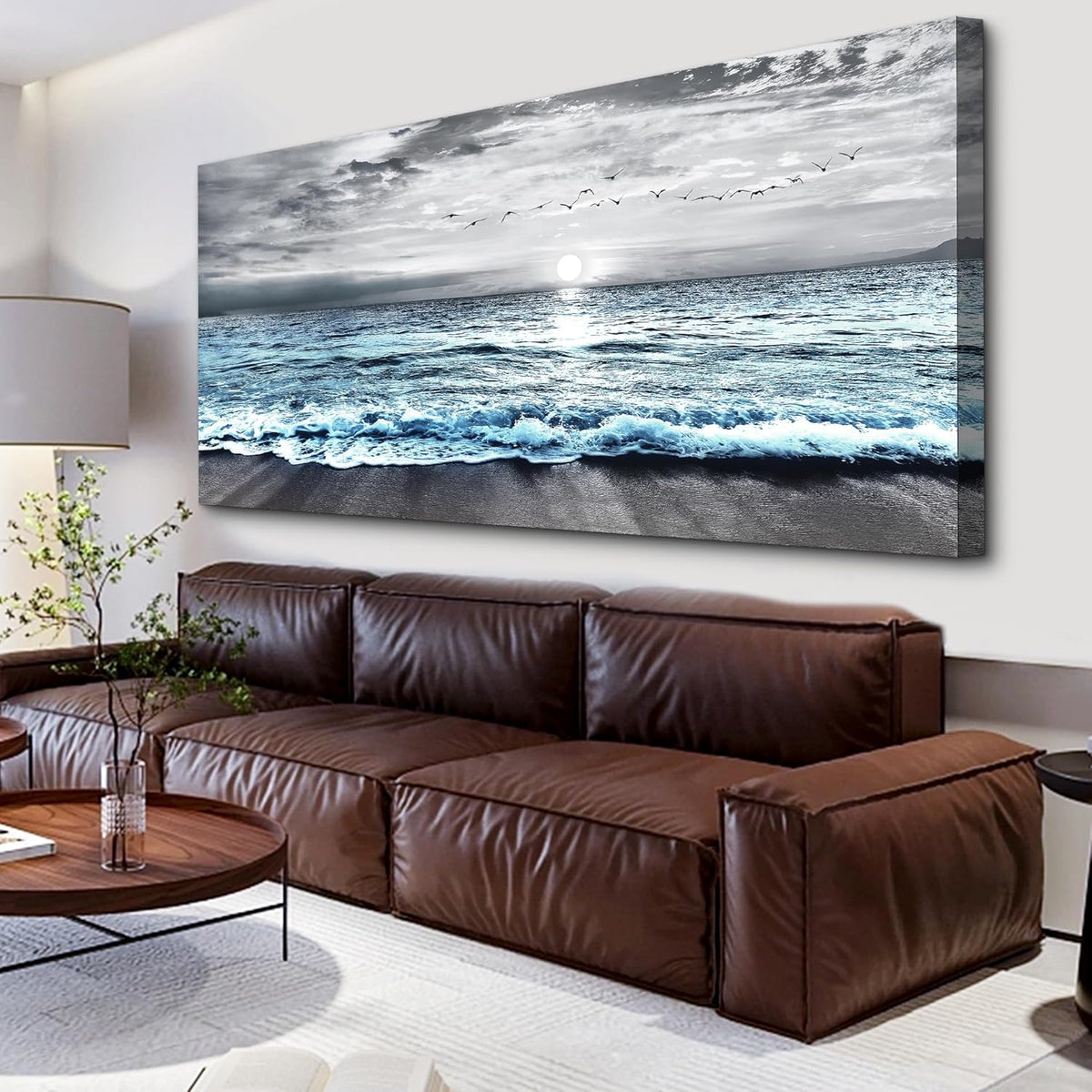 Lapremoly Large Canvas Wall Art For Living Room Wall Decor For Bedroom Office Wall Decorations Black And White Beach Wall Painting Blue Ocean Sea Wave Pictures Stretched and Framed Modern Artwork
