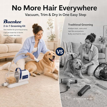 Buenkee Dog Grooming Vacuum & Blow Dryer Kit, Pet Clipper, 15000Pa Suction | 3-in-1 Pet Care, Removes Loose Fur, Styles Coats & Dries After Baths, Adjustable Heat & Airflow, 1.7L Dust Cup for Easy Clean