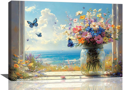 Beach Floral Bathroom Pictures Wall Art, Colorful Flower Bathroom Wall Decor, Coastal Ocean Framed Painting Canvas Artwork for Bedroom Living Room Decorations 24"L x 16"W