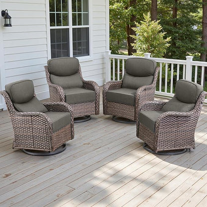 Rilyson Outdoor Swivel Rocker Chairs - All Weather Resistant Wicker Patio Furniture Set of 4 with High Back and 6 inch Thick Cushions for Deck Porch Yard and Poolside, Brown/Grey