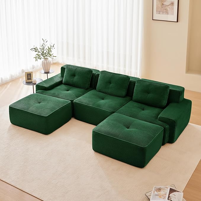 115.3'' Sectional Sofa, 32D Foam Corduroy Boneless Couch with Pillow, Deep Seat Wide Arm Sectional U Shaped Couch for Living Room, Apartment, Bedroom
