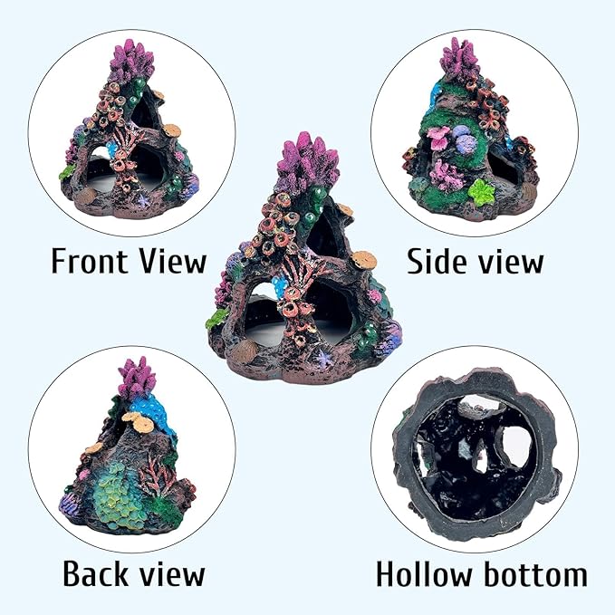 PINVNBY Coral Aquarium Decoration (Size: 6.3 x 4.7 x 4.7 inches) Small Fish Tank Decorations Resin Rock Mountain Cave Ornaments Betta Fish Hideout House for Beta Sleep Rest Hide Play Breed