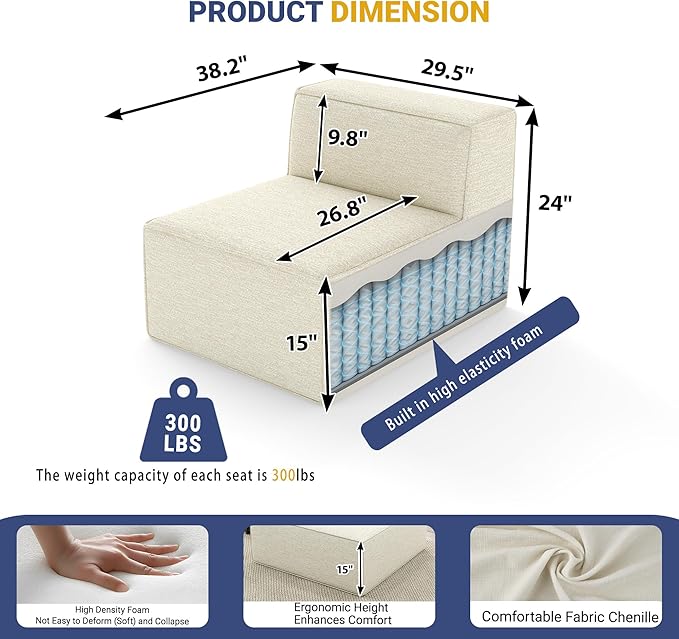 38“ Modular Sectional Sofa Convertible Cube Thick Couch Seat Set, Combine L-Shaped U-Shaped, Free Assembly, Space-Saving for Living Room, Fabric Chenille Beige White (Only Armless)