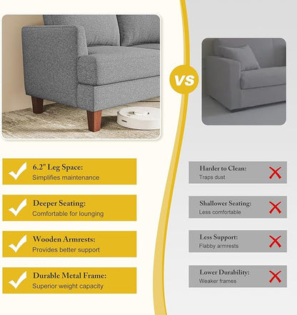 3 Seater Sofa Couch with Deep Seats, 89" Mid Century Modern Upholstered Sofa with Armrests, Comfy Couches for Living Room, Bedroom, Apartment and Office (Grey)