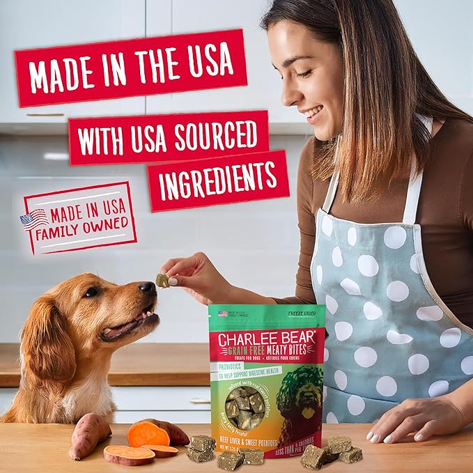 Charlee Bear Grain Free Meaty Bites Freeze Dried Dog Treats with Probiotics, Puppy Training Snacks, Soft Dog Bites Beef Liver with Sweet Potato, 2.25 oz Bags (2), Made USA