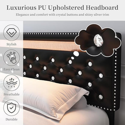 Queen Led Bed Frame with 2 Drawers, Heavy Duty Upholstered Platform Bed Frames Queen Size with Storage and Adjustable Crystal Button Tufted Headboard, No Box Spring Needed, Easy Assembly, PU Black