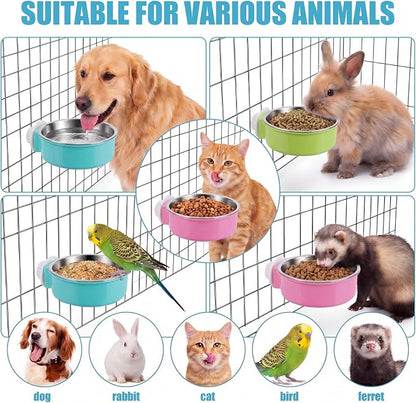 24 Pcs Crate Bowls Bulk Puppy Dog Bowls for Kennel Removable Stainless Steel Crate Water Bowl Kennel Hanging Food Feeders Coop Cup for Cat Puppy Rabbit Birds Ferret Guinea Pigs