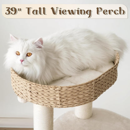 KAMABOKO Modern Cat Tree, 39" Tall Cat Trees for Indoor Cats, Cat Condo Natural Sisal with Scratching Posts, Hand-Woven Tower & Top Perch, Cat-Tree for Kittens Climb Play & Rest Black