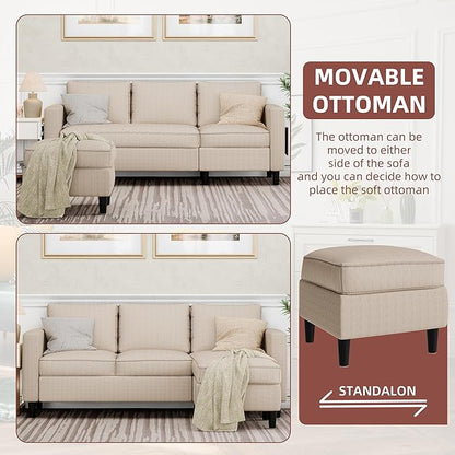 JAMFLY Sectional Sofa Couch Convertible L Shaped Sofas with Ottoman Small Sectional Couches for Living Room, 3 Seater Couch for Small Spaces, Khaki