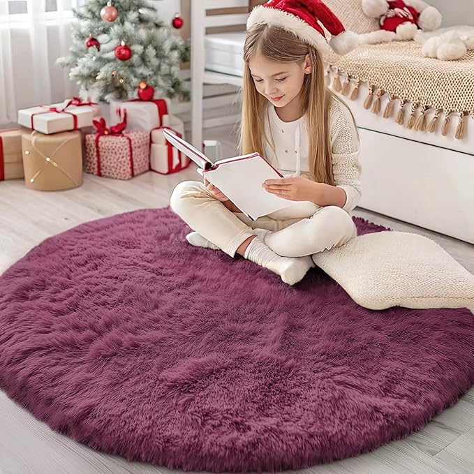 OLANLY Burgundy Round Rugs for Bedroom - Machine Washable, 4 ft Circle Area Rugs for Living Room, Soft and Fluffy Shaggy Carpet for Teen Girls and Boys, Nursery Rooms, Dorms, Home Decor Aesthetic