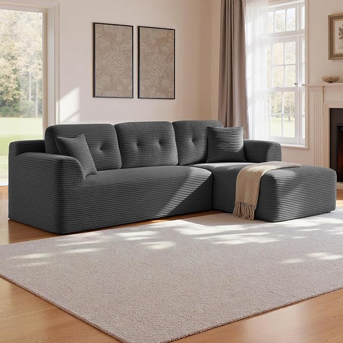 VASAGLE 108.3 Inches Boneless Couch with Chaise, Modular Sectional Sofa, Modern Cloud Couch with Deep Seat, L-Shape Corduroy Sofa for Living Room, Right-Facing Chaise, Bedroom, Slate Gray ULCS182GN01