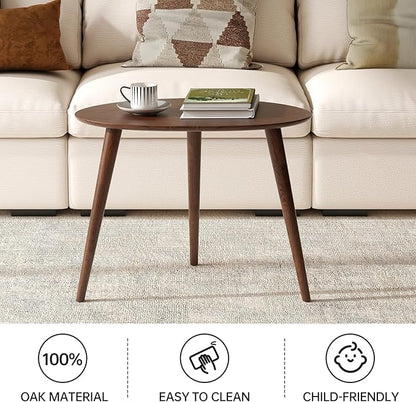 Vadisun Small Oval Coffee Table, 25.6'' Small Mid Century Modern End Table for Living Room, 100% Solid Oak Wood Side Table, Minimalist Display Center Table(Walnut Color, 25.59''Wx17.51''Dx19.68''H)