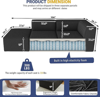 106" Sectional Compressed Sofa Modular Couches,High-Density Foam No Assembly Required,3-Piece(1xCorner 1xArmless 1xOttoman) for Living Room, Chenille Dark Gery