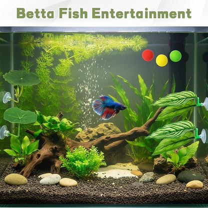 Betta Fish Toys, 13 Piece Betta Toys Set with Five Resting Leaves and Three Floating Balls, Colorful Hoops in Blue Green Yellow White Red, Enrichment Activities for Betta Fish