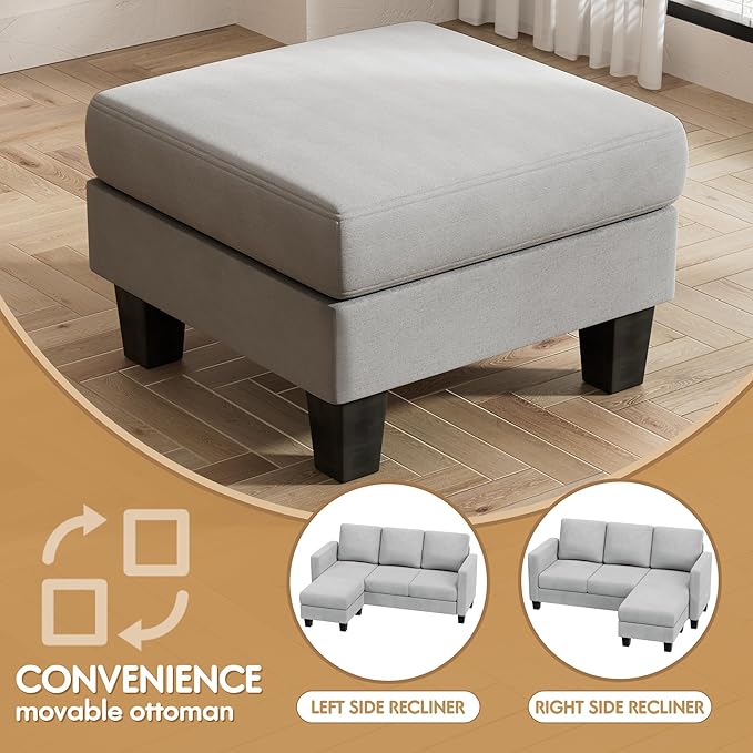VICTONE Convertible Sectional Sofa Couch, 3 Seat L-Shaped Sofa with Linen Fabric Ottoman Small Couch for Small Apartments, Living Room and Office (Linen Fabric, Light Gray)