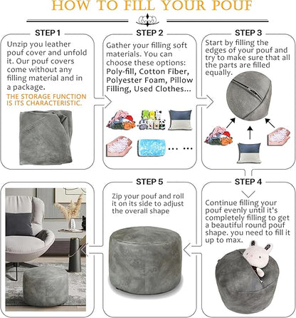 Thgonwid Unstuffed Faux Leather Pouf Cover, Handmade Footstool Ottoman Storage Solution, Floor Footrest Cushion - 16.5”Dx12”H, Grey