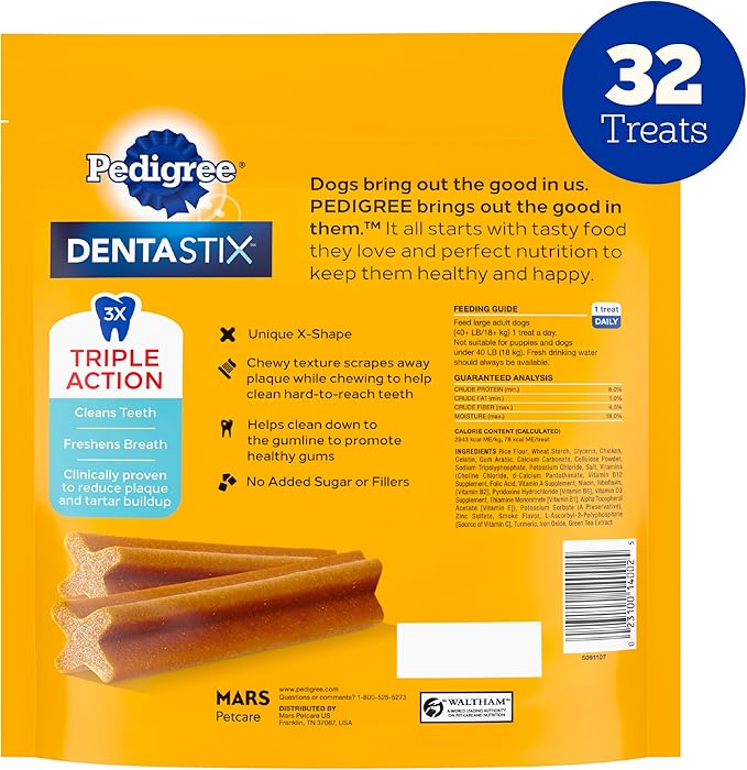 Pedigree Dentastix Large Breed Dog Treats, Original Flavor, 1.66 lb. Bag (32 Treats)
