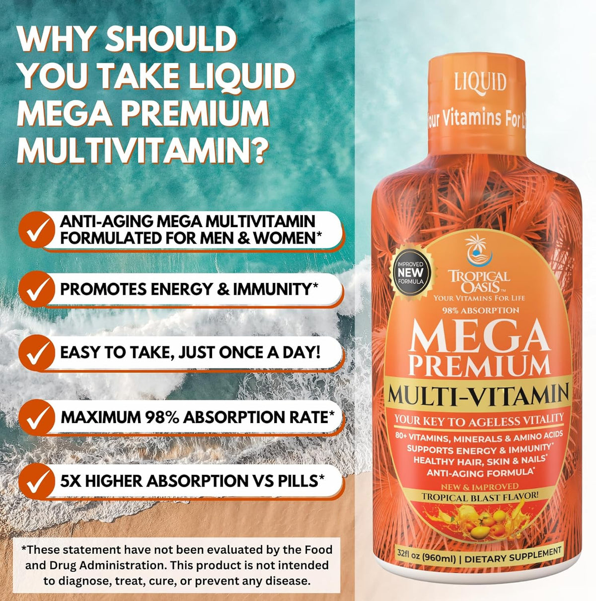 Mega Premium Liquid Multivitamin | Natural Immune Support Vitamin w/ 1333% Vitamin C, 200% D3, Zinc + 20 Vitamins, 70 Minerals, & 21 Amino Acids | Sugar Free | Orange Flavor | 98% Absorption | 32 Serv